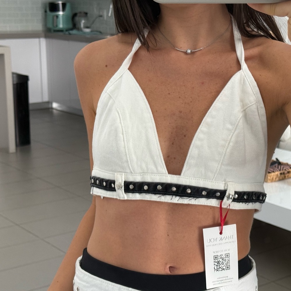 Denim Jean mini white top handmade handcrafted with silver studs